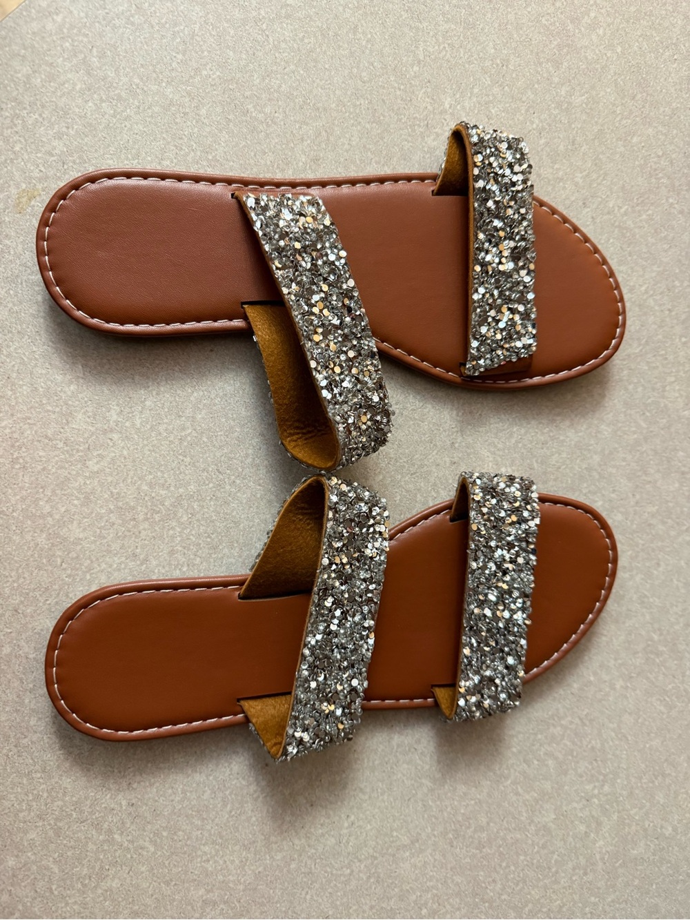 Sparkle Double-Strap Brown Slide Sandals
